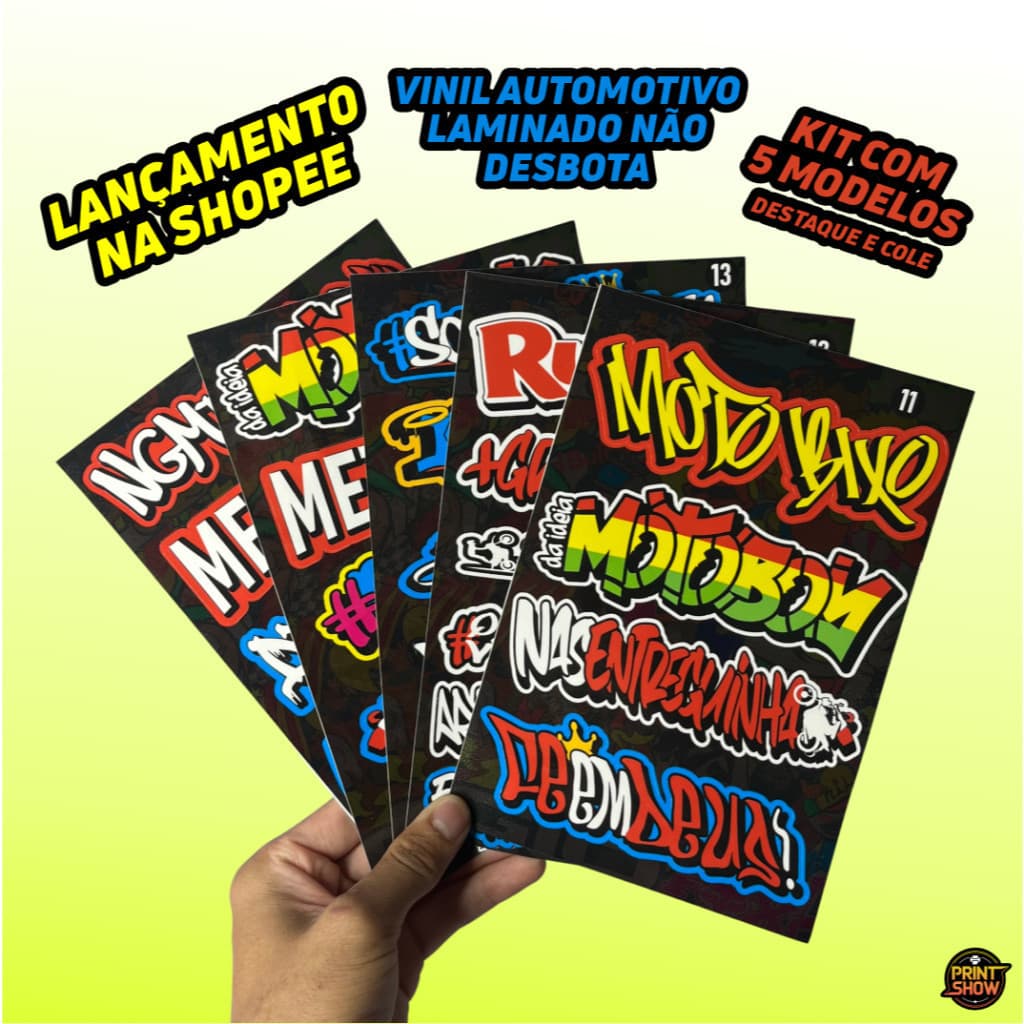 Kit 5 Cartelas Adesivos Vinil Laminado 22x15cm à Prova D’Água, Não Desbota e Alto Brilho Moto Carro Bike Capacete