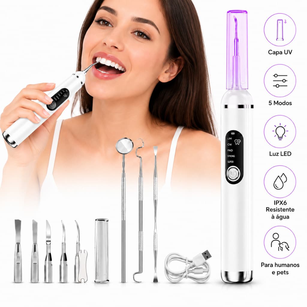 Kit Limpador Dental Ultrassônico 5 Modos Luz LED IPX6 Capa UV Higiene Bucal Humano E Pet