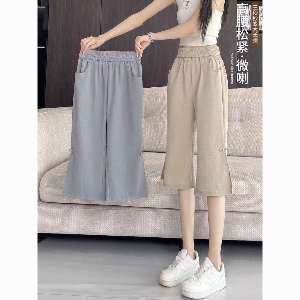 Novo estilo chinês gelo seda moda calças cortadas mulheres verão estilo fino gordura mm tamanho grande solto mais magro