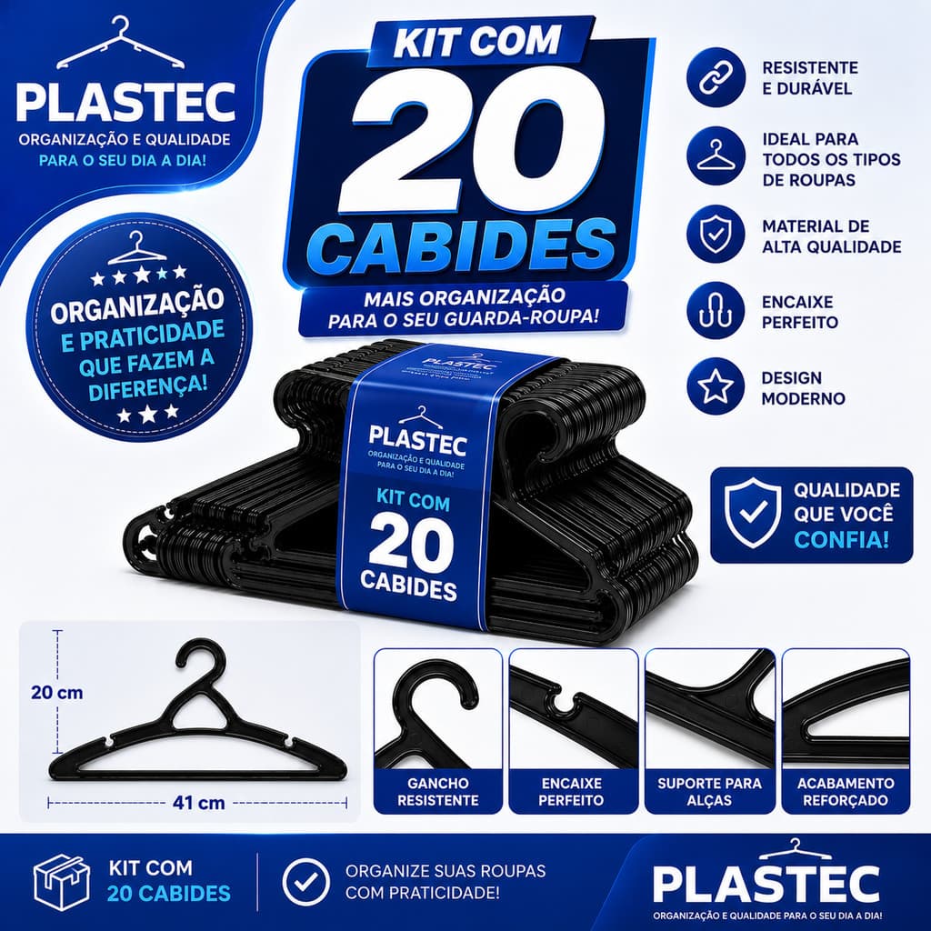 Kit 20 Cabides Preto Reforçado Linha Premium para Adultos