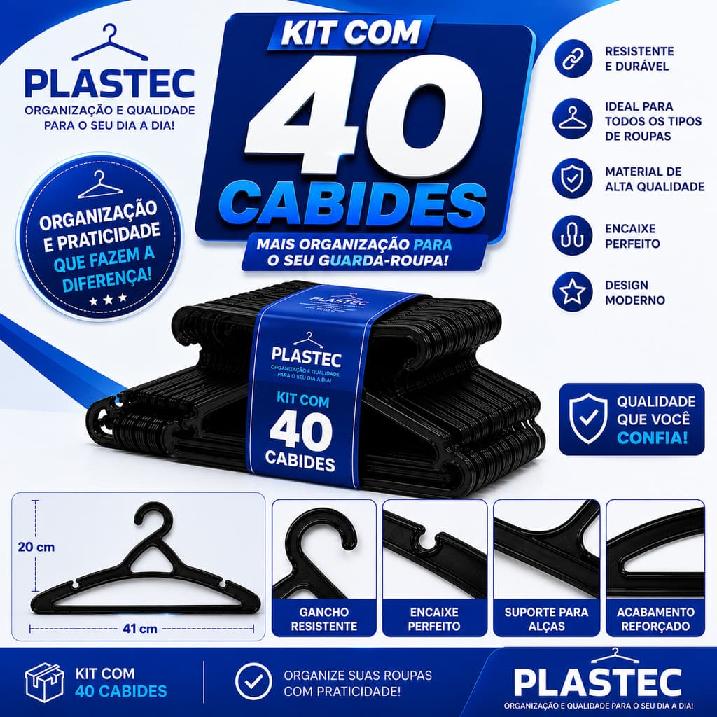 Kit 40 Cabides Preto Reforçado Linha Premium para Adultos - Envio Rápido