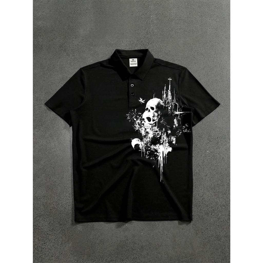 Camiseta Polo Masculina de Manga Curta com Estampa de Caveira, Estilo Motociclista Arrojado, Modelagem Solta, Tecido Lev