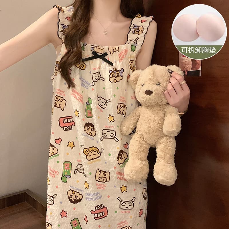 ((Vestidos de noite) Vestidos de noite com almofadas no peito Camisola feminina fina sem mangas japonesa fofa doce menin