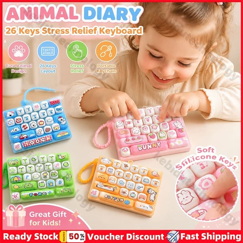 Bonito Dos Desenhos Animados Mini Teclado 26 Teclas Alívio Do Estresse Chaveiro Portátil Silicone Imprensa Brinquedo Par