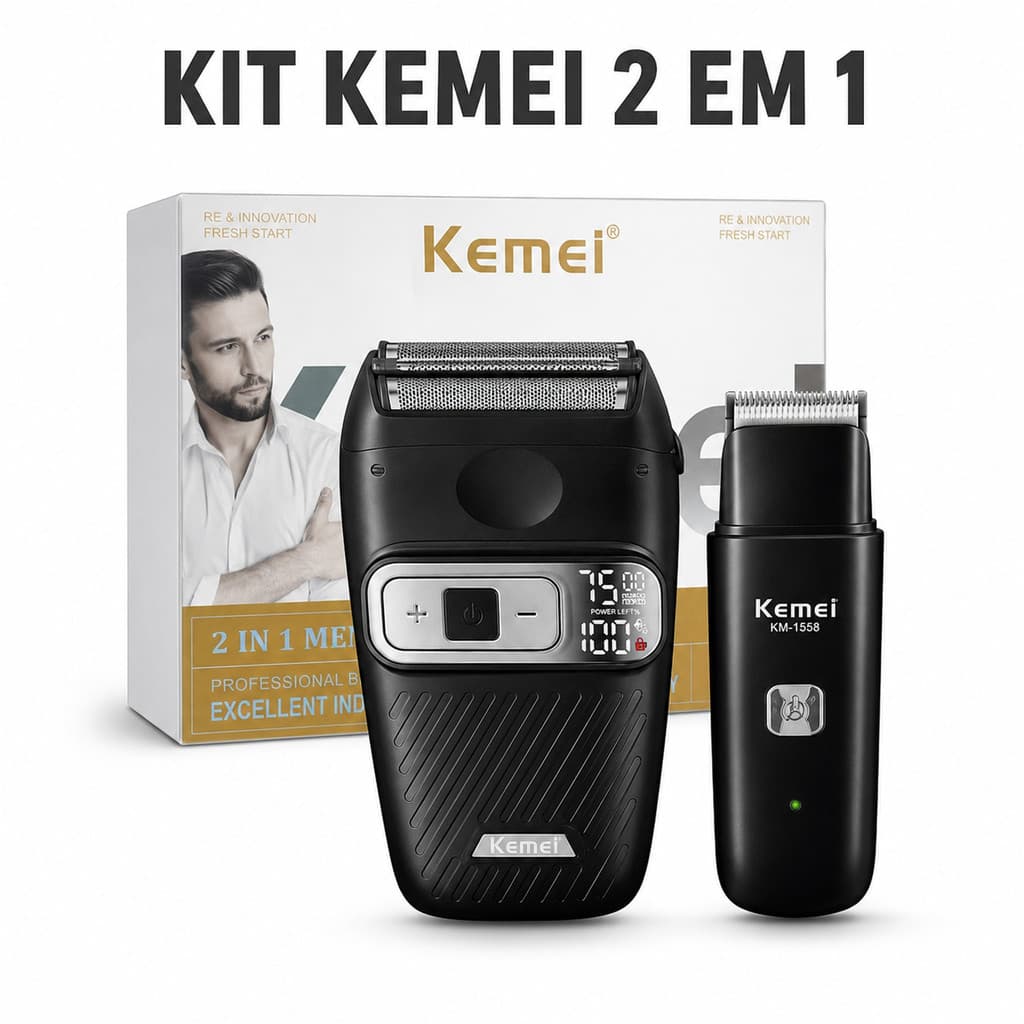 Kit Kemei KM-1558 2 em 1 Barbeador Elétrico Aparador de Barba Recarregável USB Masculino