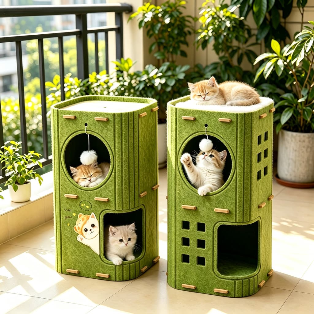 Casa Felina de Feltro Resistente Duplo Andar, Torre Abrigo para Gatos com Área para Arranhar e Bolinha de Brincadeira