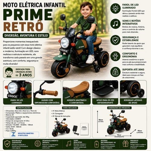 Moto Eletrica Infantil Retro Verde Veiculo Eletronico Brinquedo Criança Passeio Seguro