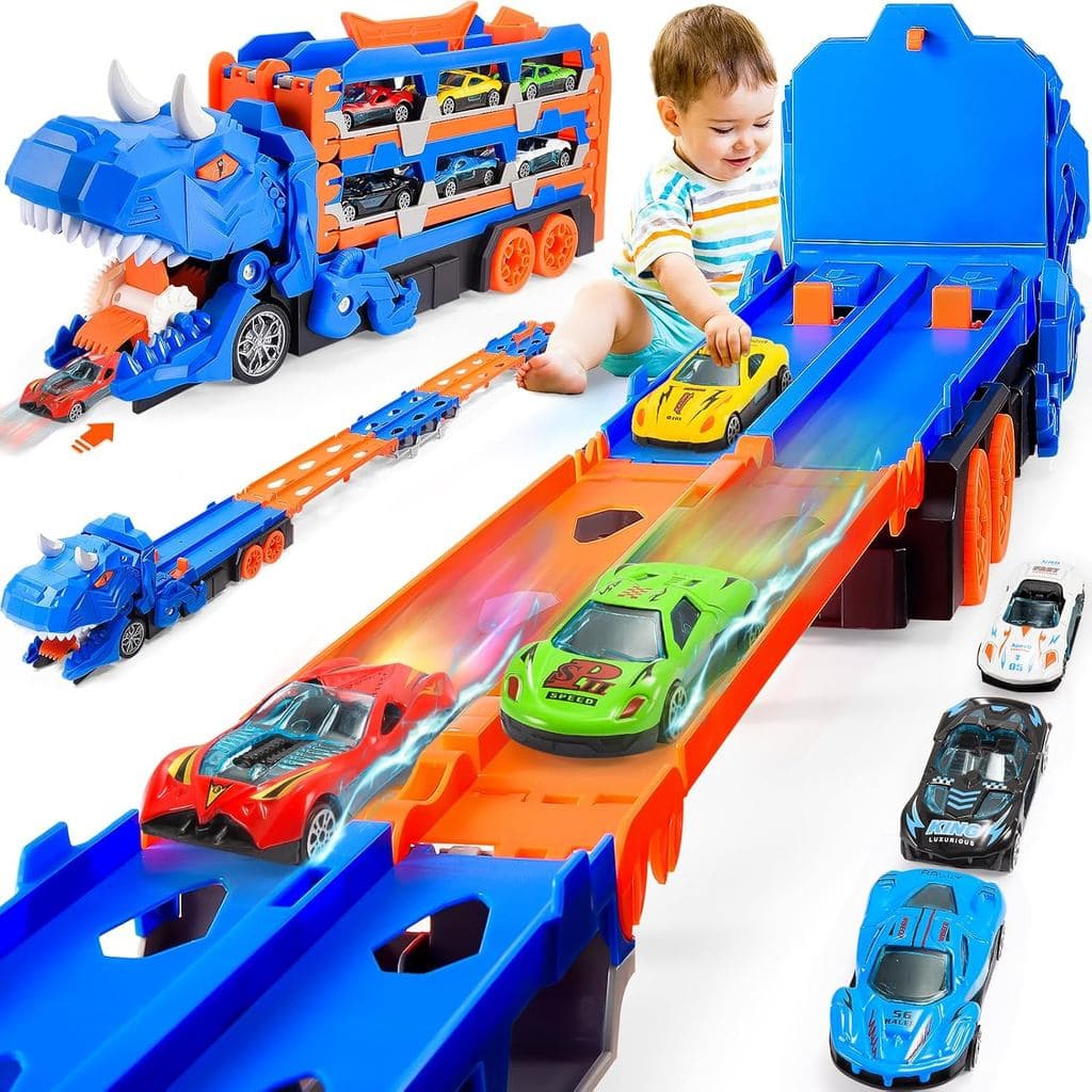 Caminhão Dinossauro 2 em 1 com Pista de Corrida de 157 cm e Carrinhos – Brinquedo Infantil com Lançador e Porta-Carros
