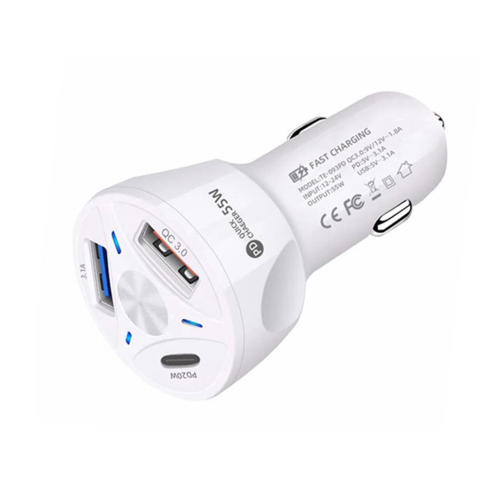 Carregador 12V Veicular Carregamento Rápido 55W 3 Saídas