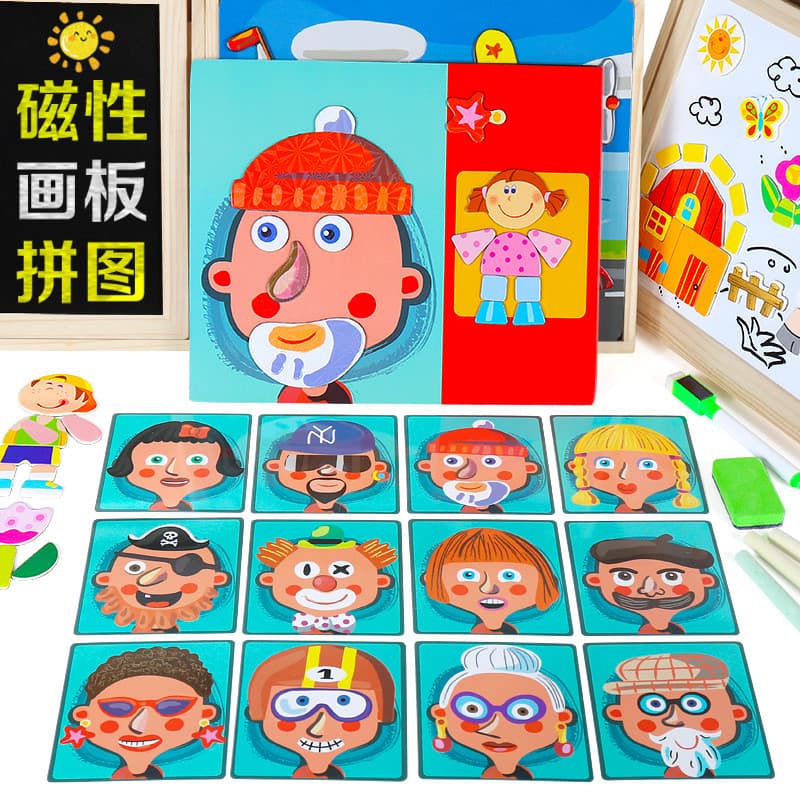 Quebra-Cabeça de Madeira com Características Faciais de Personagens, Princesa, Quadro Magnético com Adesivos, Brinquedo
