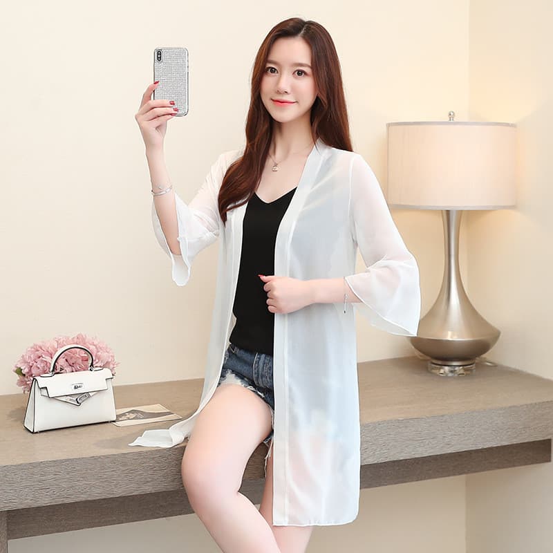 Estilo de fadas protetor solar Cardigan feminino verão roupas femininas com saia Suspender estilo fino nove mangas topo