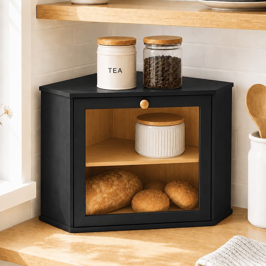 Caixa de Pão de Bambu, Organizador de Balcão de Cozinha, Armário de Armazenamento de Madeira com Porta de Vidro para Org