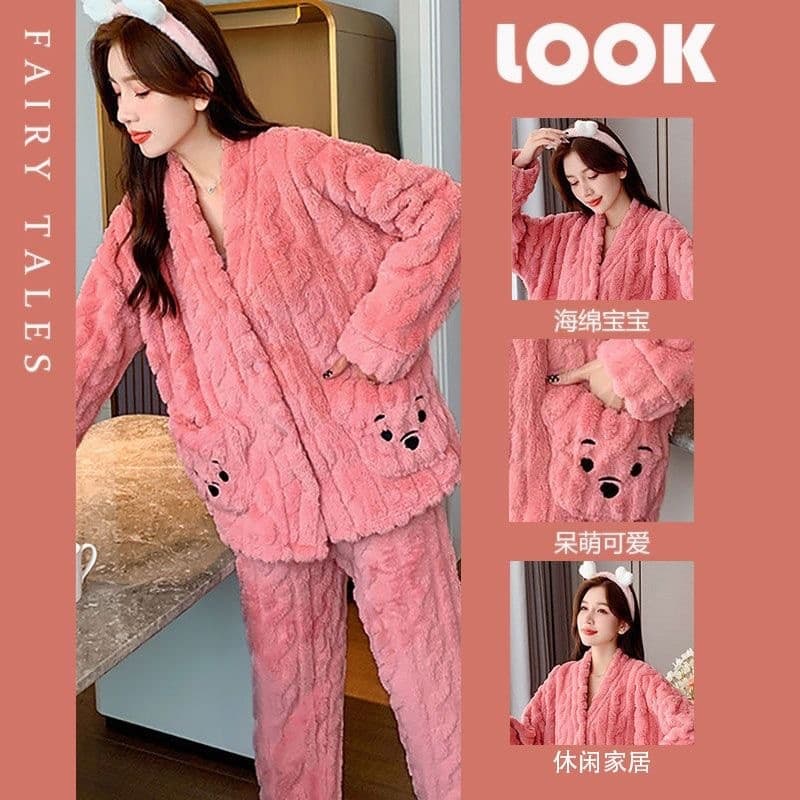 [OSEE] Pijama de Flanela de Inverno para Mulheres, Bonito e Confortável, Conjunto de Roupa de Casa Quente em Fleece Cora