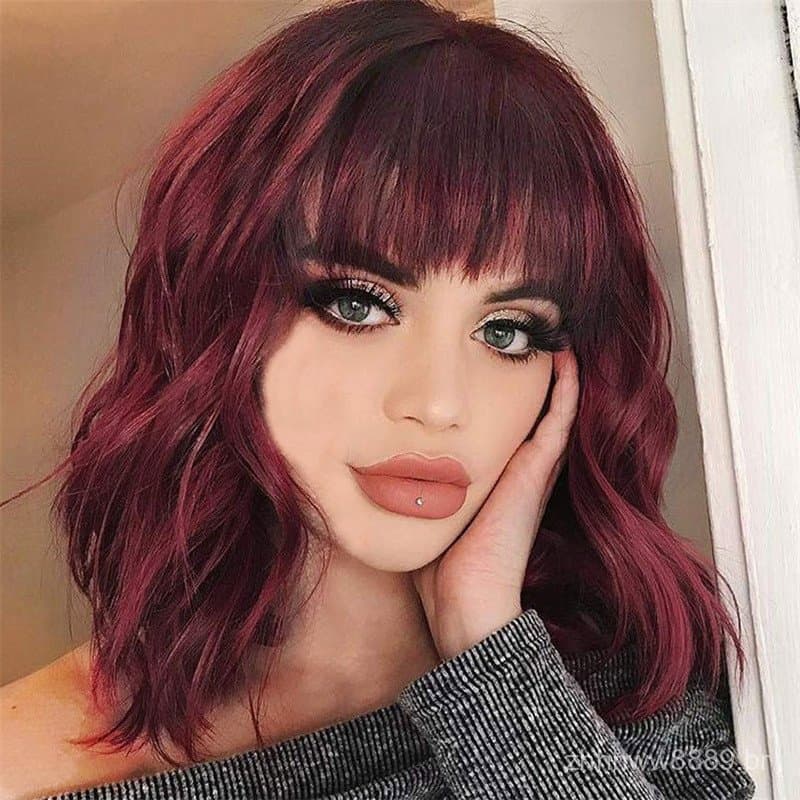 Peruca sintética encaracolada de comprimento médio, estilo europeu e americano, para mulheres, com franja, cabelo curto