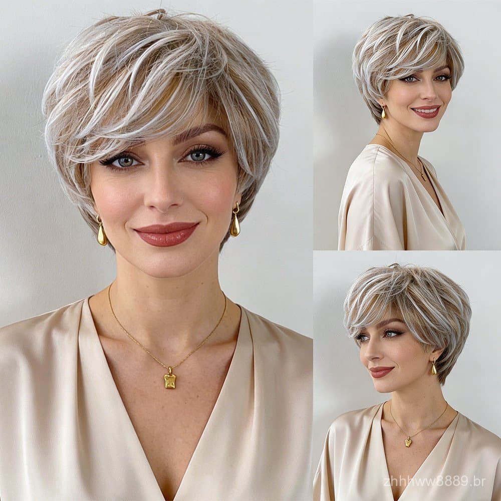 Novo produto de comércio exterior: perucas femininas de cabelo curto, perucas sintéticas de fibra com gradiente de cor,