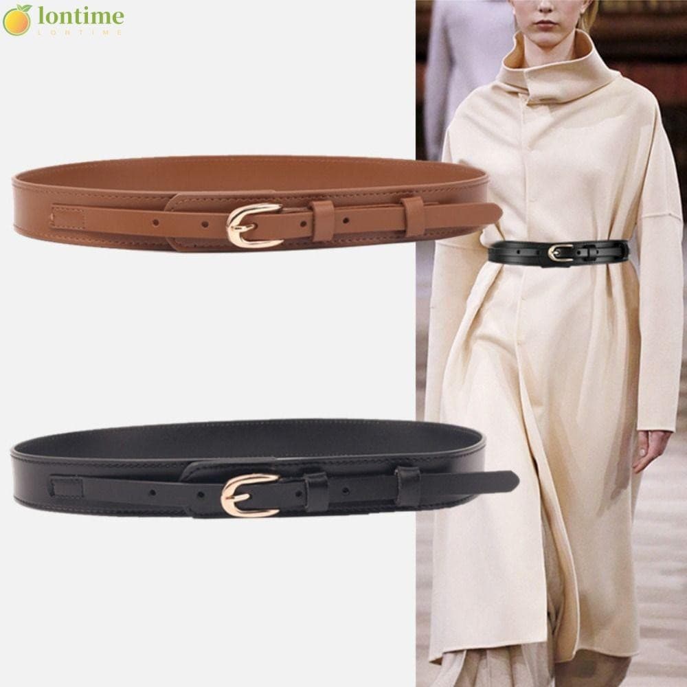 Cinto LONTIME, cinto fino de couro PU preto, fivela de metal, adequado para decorar vestidos e casacos marrons N13M