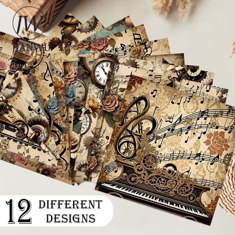 JIANWU 12 peças/conjunto de Papel Criativo Vintage com Motivos Florais, Engrenagens e Cenários Musicais para Scrapbookin