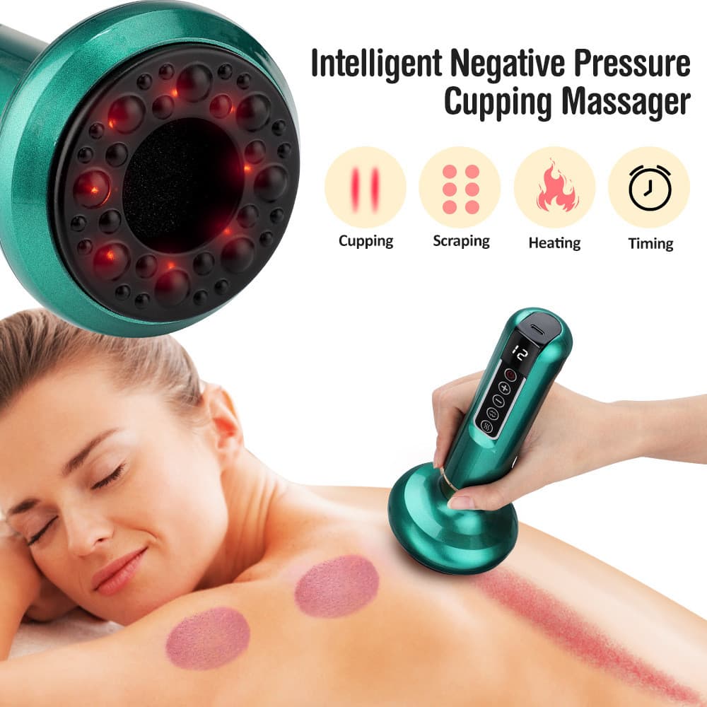 Massageador Ventosa e Raspagem Elétrico 6 Velocidades 12 Níveis Sucção Aquecimento Alívio Muscular