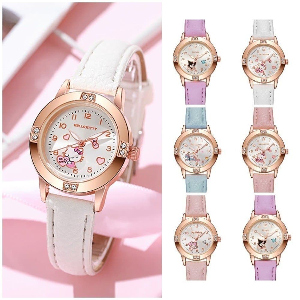 Relógio Sanrio PU De Couro Luminoso Rose Gold Diamante Quartzo Para Senhoras Melody Cinnamoroll  Crianças