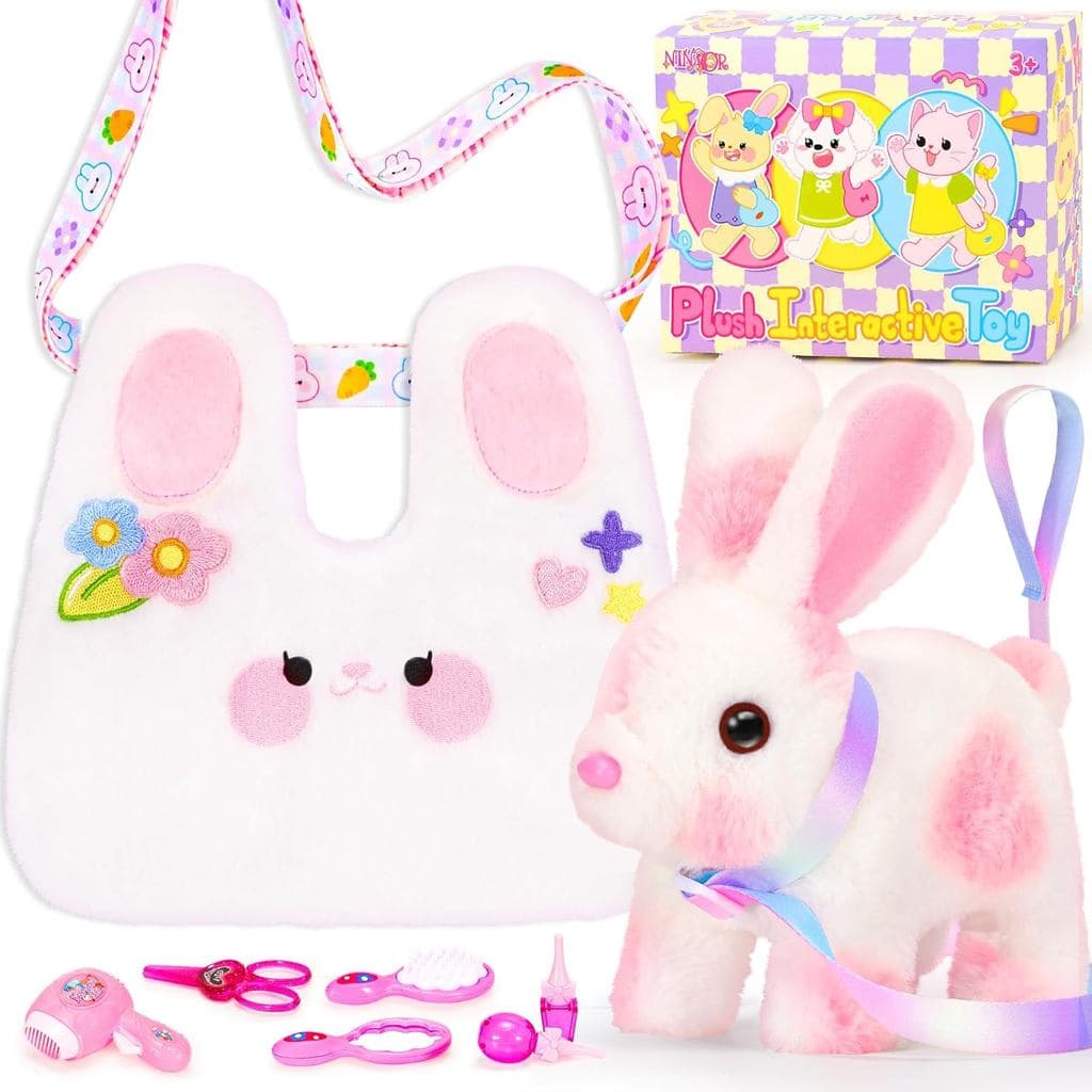 NINAOR Brinquedo de Coelhinho Saltitante de Páscoa para Crianças com Bolsas Transversais, Brinquedo Interativo de Coelho
