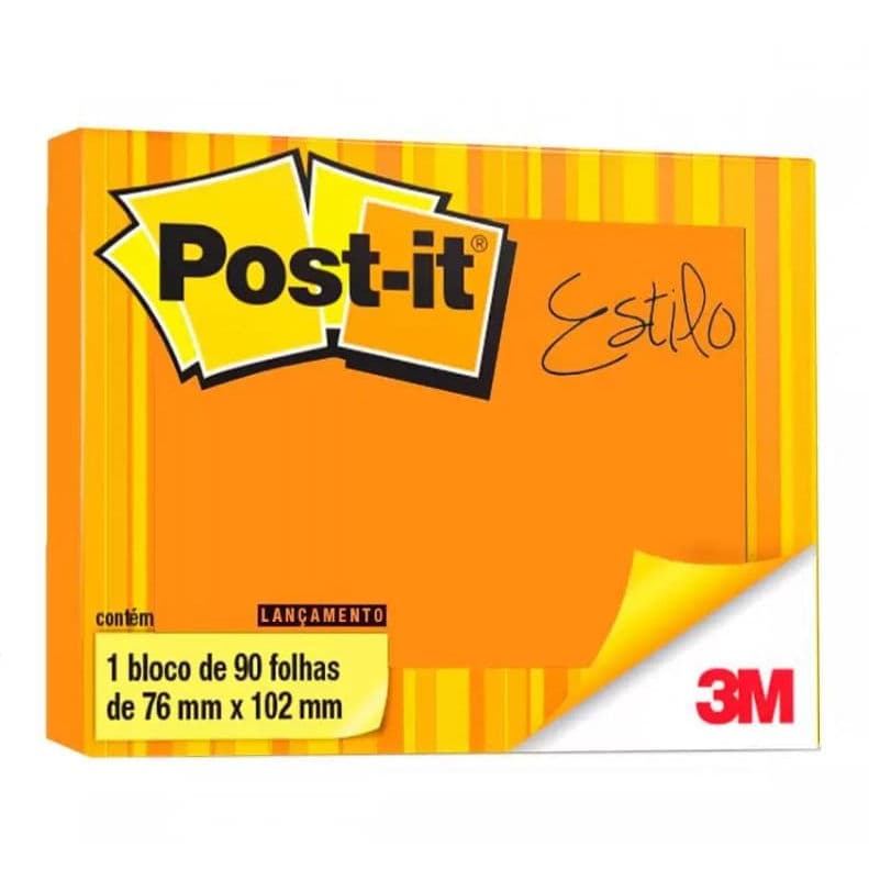 Bloco de Notas Adesivo Reposicionáveis Post-it - 76x102 mm - 90 Folhas - 3M -  LARANJA NEON