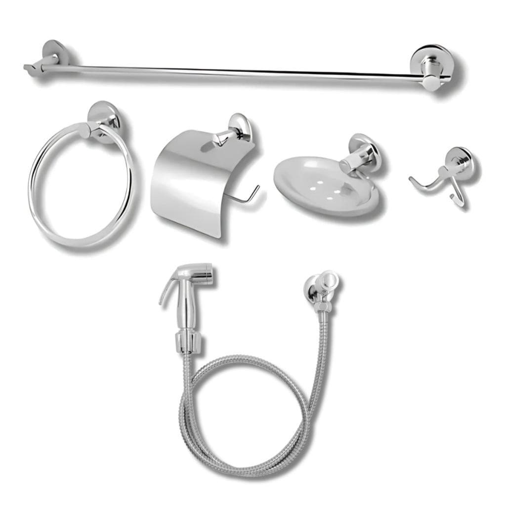 Kit De Acessórios Para Banheiro 6 Peças Cromado Com Ducha Higiênica Fixação Dupla