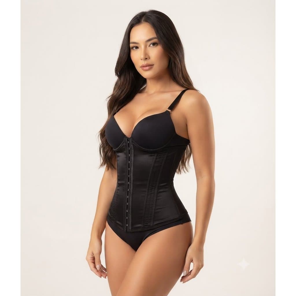 Cinta Moldel Corpete Preto com Bojo Camisete 12 Barbatanas Alta Compressão Afina Cintura 2 Colchetes P a GG