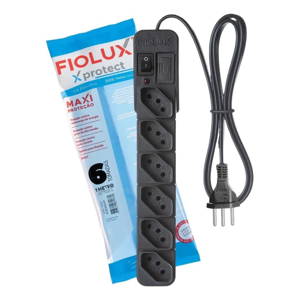 Extensão Filtro Linha 6 Tomadas 10a Preto Bivolt Fiolux