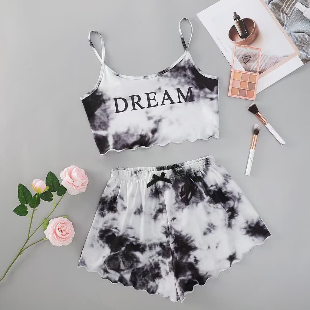 Novo conjunto de roupa de lazer com estampa tie-dye English DREAM, composto por camiseta de manga curta e shorts tie-dye