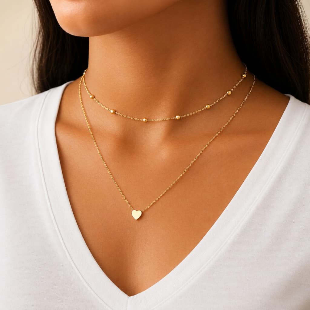 Colar Corrente Coração Duplo Joias Moda Femininos Banhado Ouro 18k Folheado