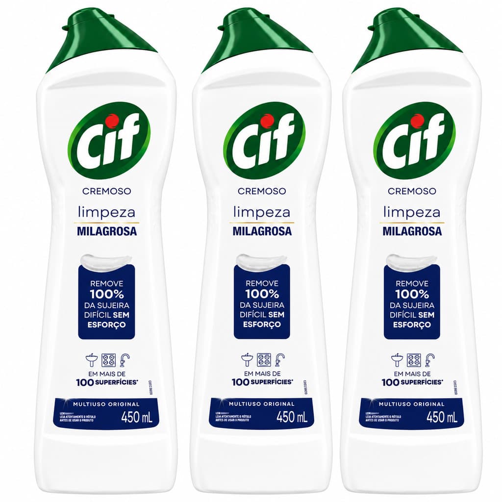 Kit 3x CIF Cremoso Limpeza Profunda Original 450ml Limpador Multiuso Remove Gordura e Sujeiras Difíceis