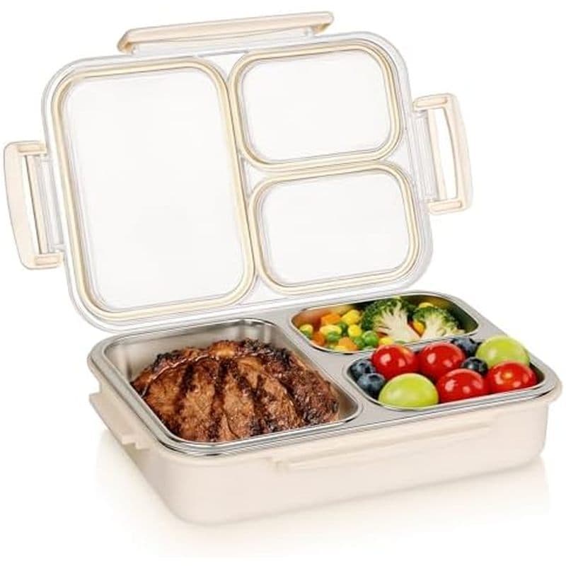 Caixa Bento De Aço Inoxidável , Recipientes De Lanche À Prova De Vazamentos De 3 Compartimentos , Lancheira De Metal Pre