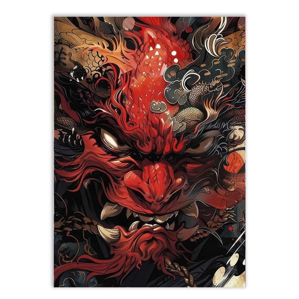 Placa Quadro Decorativo Dragão Vermelho Oni Estilo Oriental Escritório Quadro Oriental Mística Quadro Decorativo Decorac