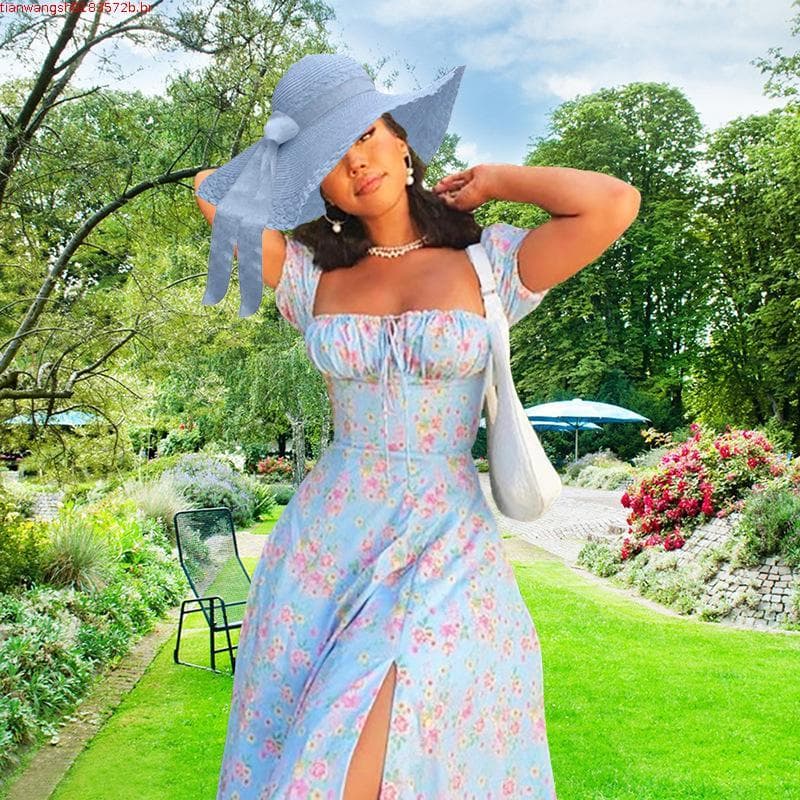 Roupas femininas 2026 novo estilo fresco Floral fino ajuste fenda estilingue vestido feminino verão outono