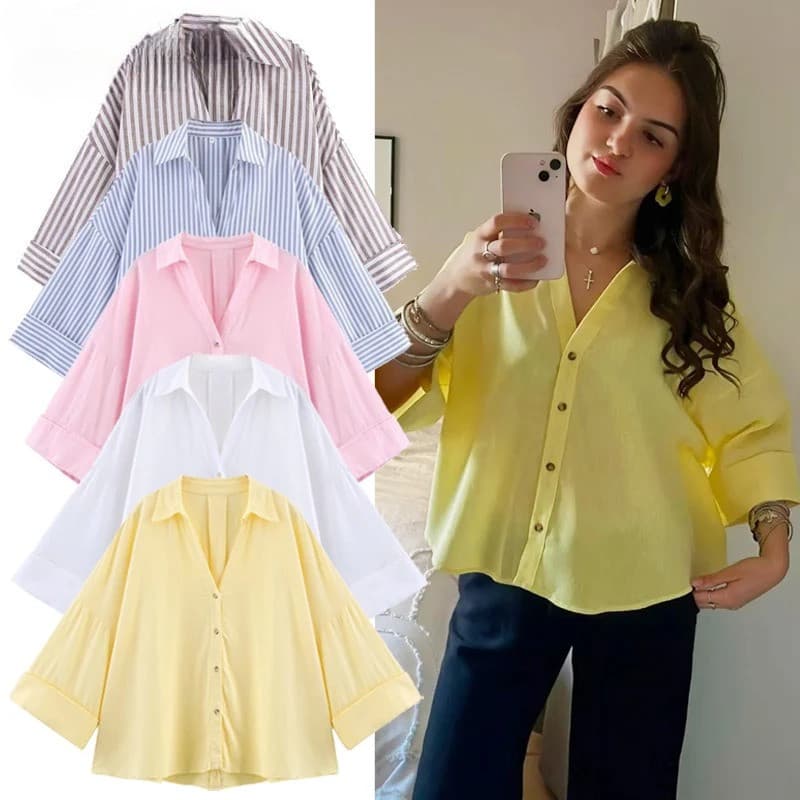 Camisa Feminina Blusa Oversized De Verão Listrada Branca Elegante Tamanho Grande Manga Comprida
