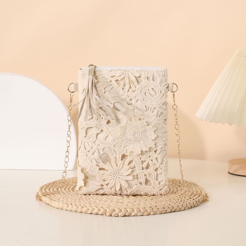Bolsa mensageiro com corrente de flor de renda, bolsa brilhante para celular, ultrafina, pequena bolsa de ombro, estilo