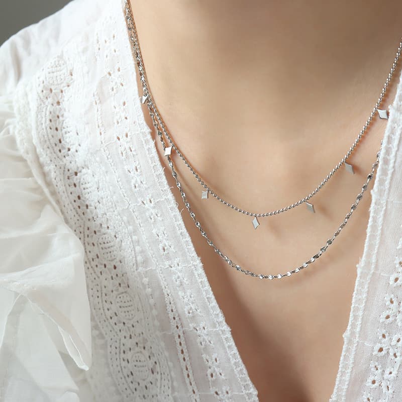 Colar em camadas de dupla corrente com diamantes geométricos românticos de estilo francês, mais vendido Z7UO