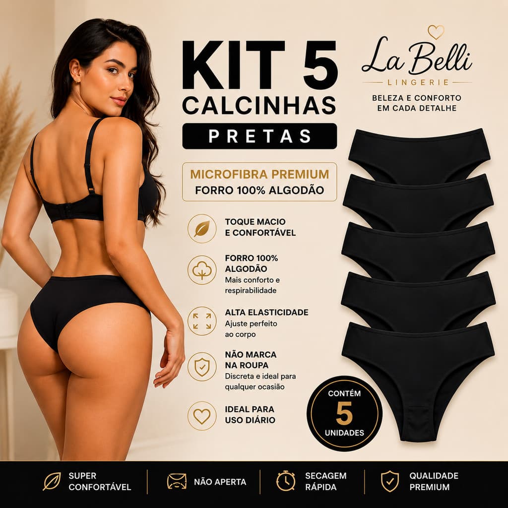 Kit 5 Calcinhas Pretas Microfibra Conforto Forro Algodão