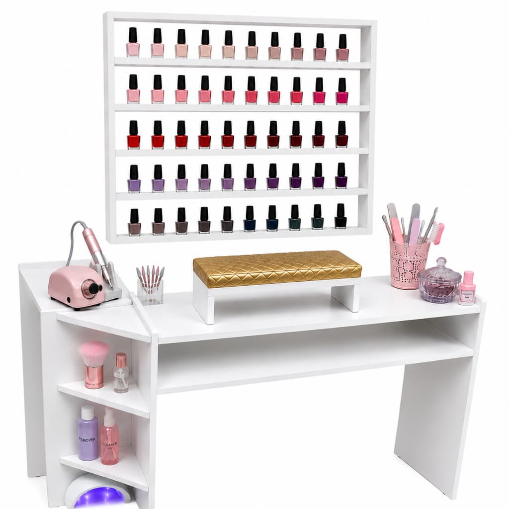 Mesa Em L Para Manicure Com Expositor Para Esmaltes E Apoio De Mão Profissional Completo Em MDF Branco