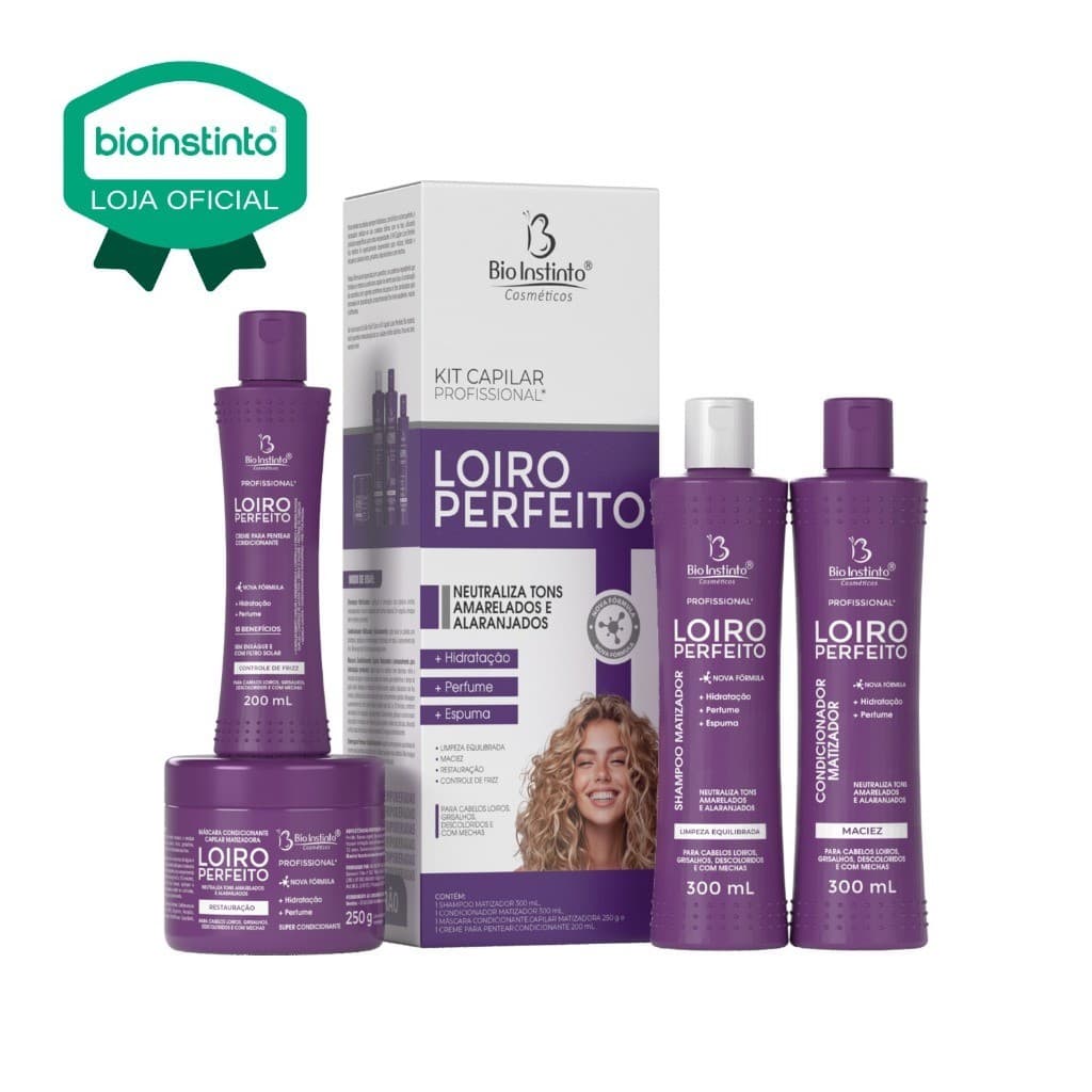 01 KIT LOIRO PERFEITO Bio Instinto 4 Itens Neutralizante Hidratação Intensa Brilho Salão Beleza Promoção