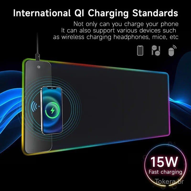 Mousepad RGB com Carregamento Sem Fio para Jogos, Mousepad LED com 10 Modos de Luz, Extra Grande XXL, Base Antiderrapant