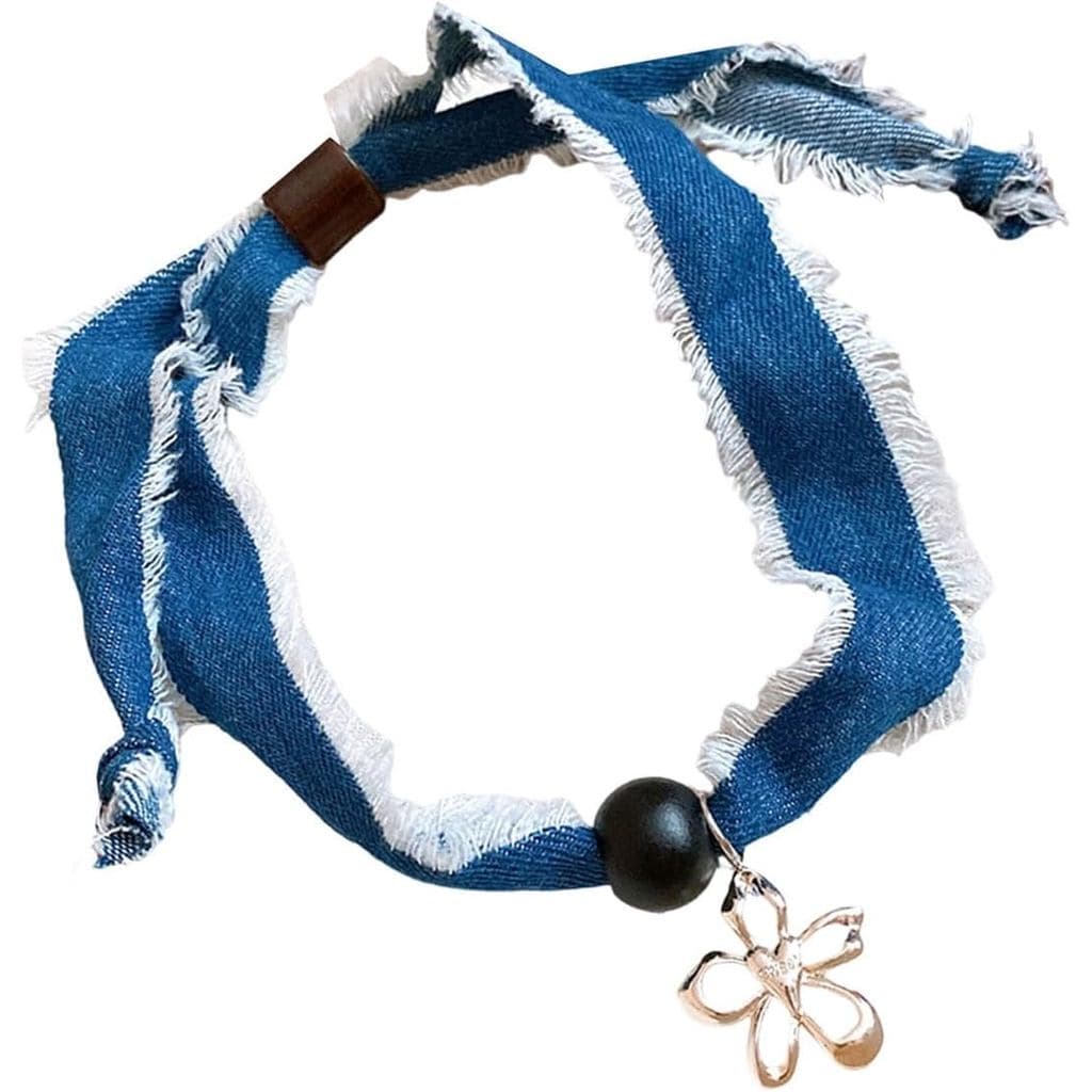 Colar Casual com Pingente de Flor Vazada, Contas de Madeira, Tecido Jeans, Acessório de Joalheria Leve para Mulheres 7ZX