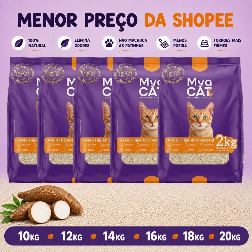 Areia Mandioca Higiênica 10 a 20kg Mya Cat Mandioca Anti Odor Biodegradável