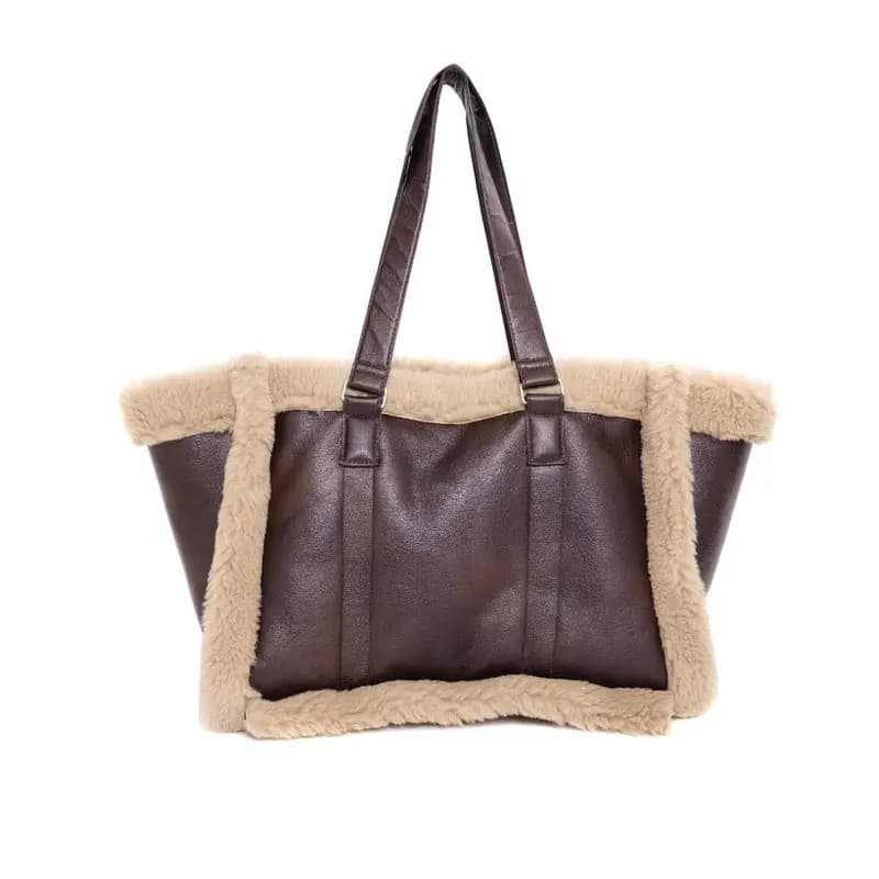Bolsa Tote ETJ 2025 FAUX SHEARLING, nova moda de inverno, textura em patchwork, bolsa de ombro de pele sintética, bolsa