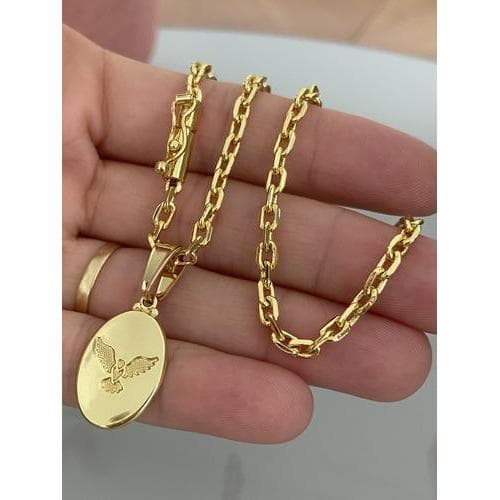 Colar Feminino Cadeado 3mm 45cm + Espirito Santo Oval Banhados a Ouro