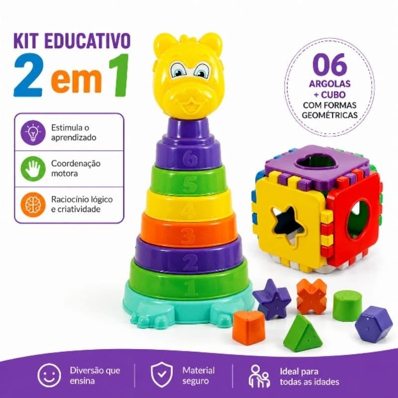 Brinquedo Educativo Infantil Urso Empilhável Com Cubo Didático Formas Geométricas Coordenação Motora