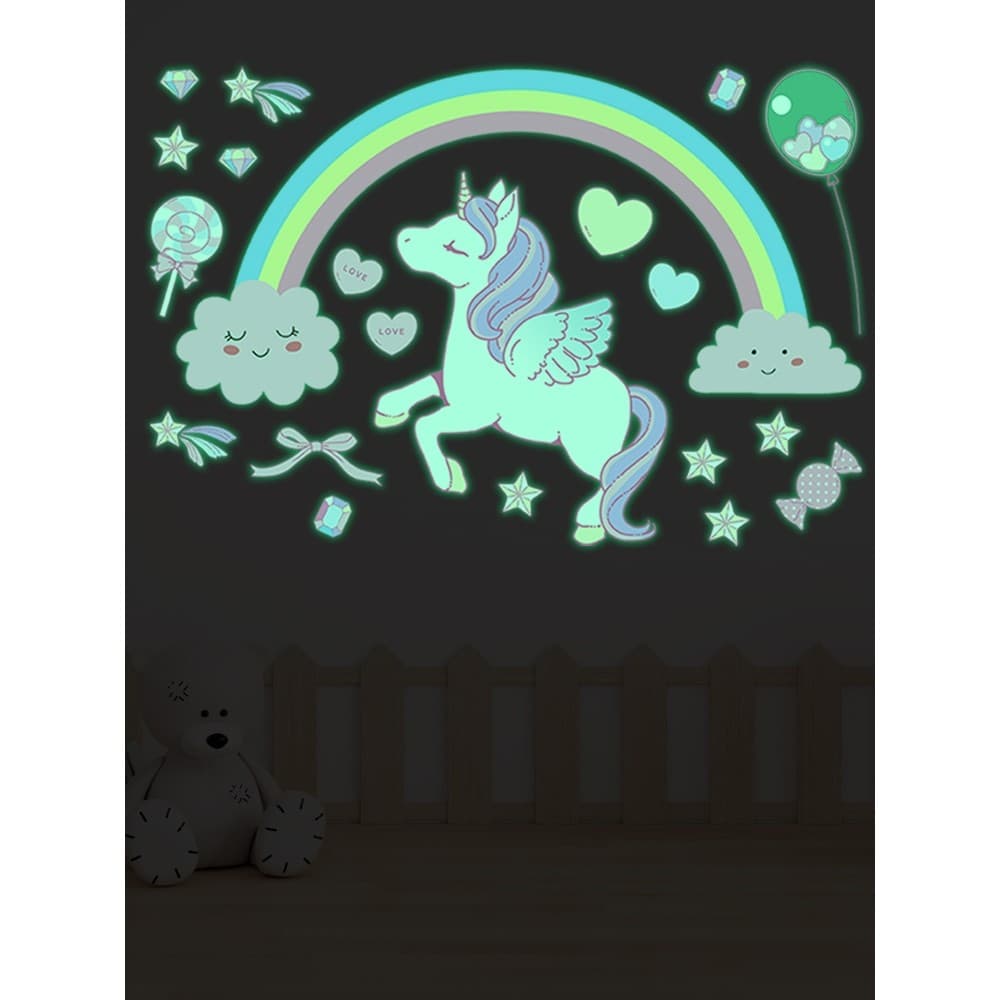 Arco-íris dos desenhos animados unicórnio adesivos luminosos decoração do quarto das crianças adesivos de parede quarto