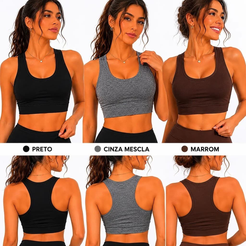 Kit 3 Tops Femininos Academia Nadador Suplex Sem Bojo Preto Cinza Bordô Marrom