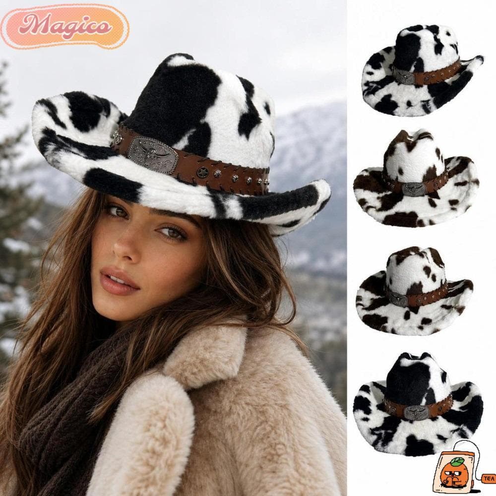 Chapéu Com Estampa De Vaca MAGICO , De Cowboy De Pelúcia Quente À Prova De Vento De Aba Larga Vaqueira Fivela De Metal