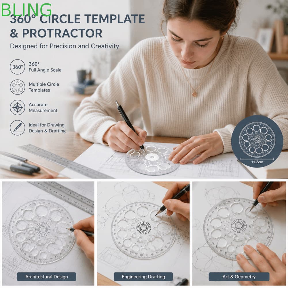 Transferidor BLING 360 Graus , Ferramenta De Desenho Circular Em Escala , Modelo De Régua Plástica , Medição